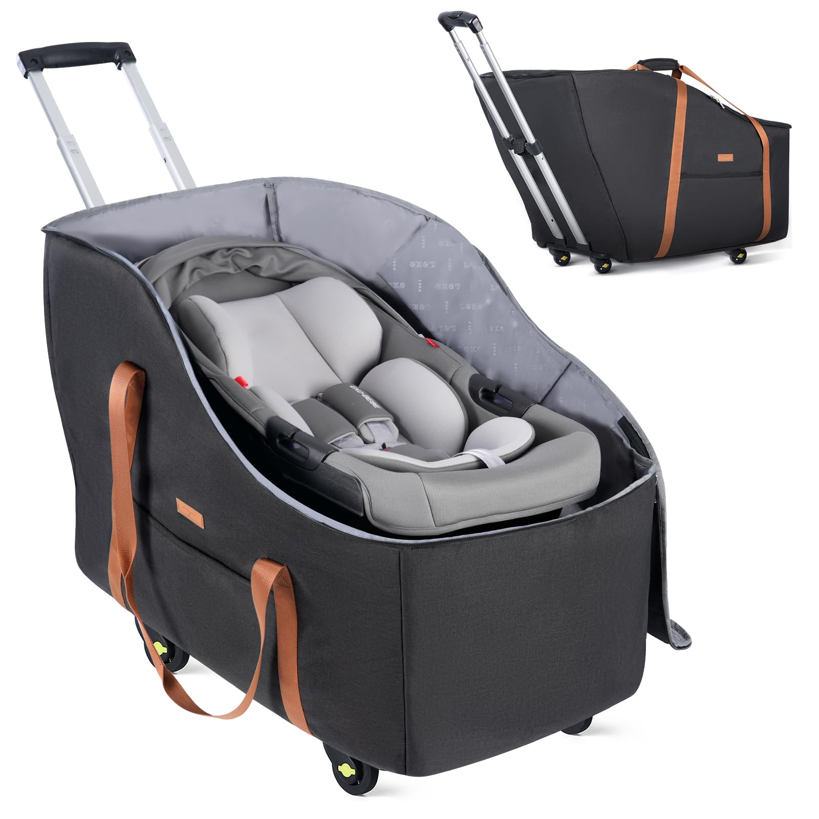 Tonyeee car seat travel bag with wheels, front view shows sturdy four-wheel maneuverability.