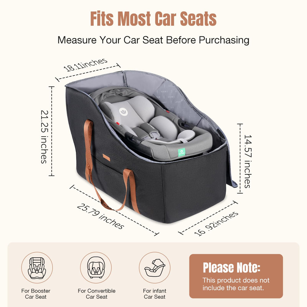 Tonyeee car seat travel bag with wheels, side pocket for extra travel essentials.