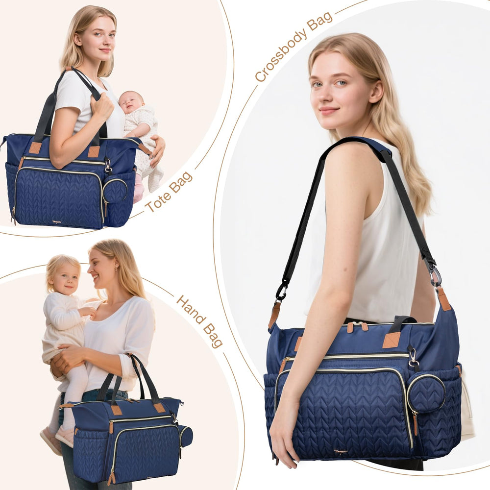 Tonyeee dark blue diaper bag provides large capacity with style.