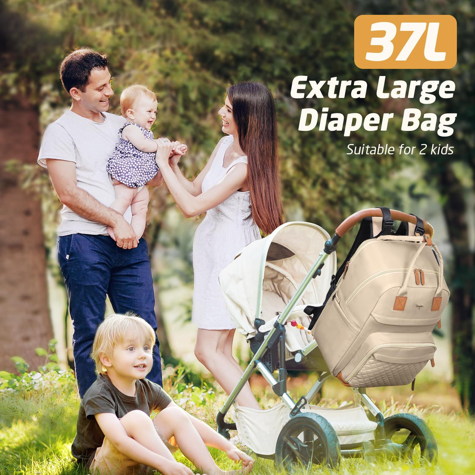 Tonyeee diaper bag backpack back view showing luggage strap and anti-theft pocket