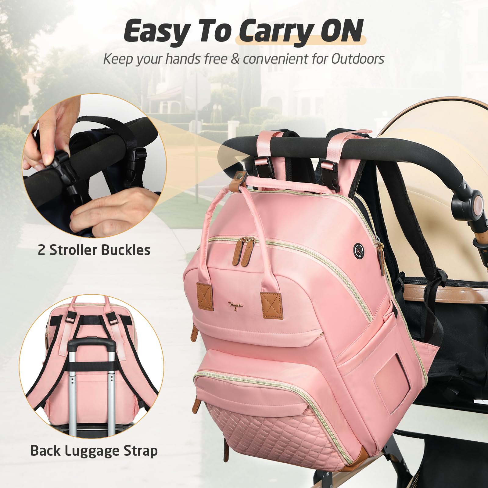 Tonyeee diaper bag backpack solid pink earphone hole supports hands-free listening.