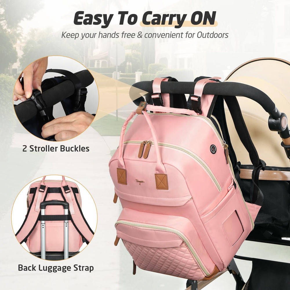 Tonyeee diaper bag backpack solid pink earphone hole supports hands-free listening.