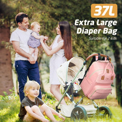 Tonyeee diaper bag backpack solid pink expandable zipper shows 37L capacity for twins.
