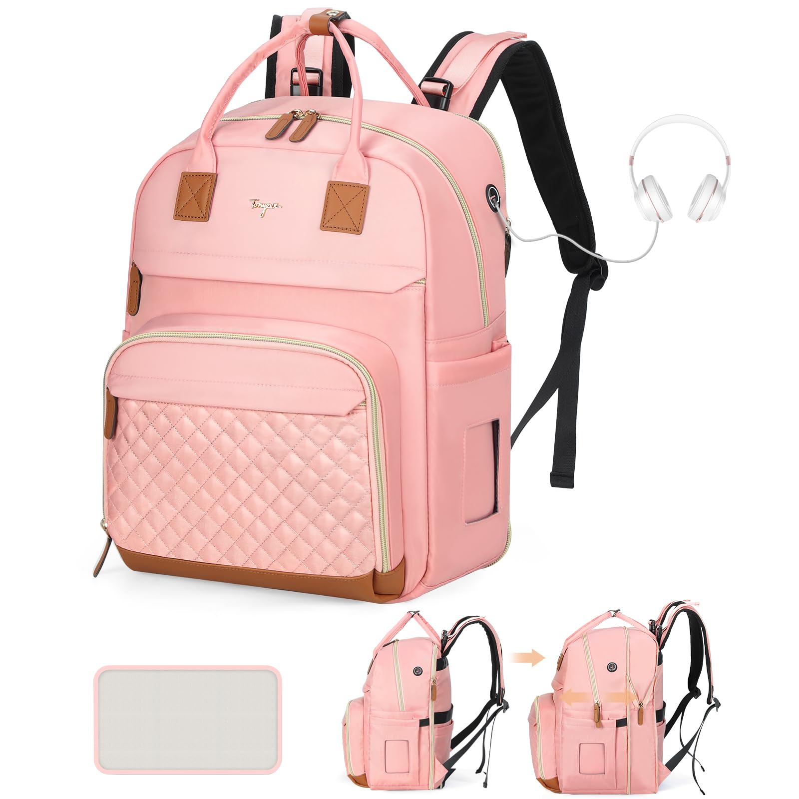 Tonyeee diaper bag backpack solid pink front view highlights roomy compartments for busy parents.