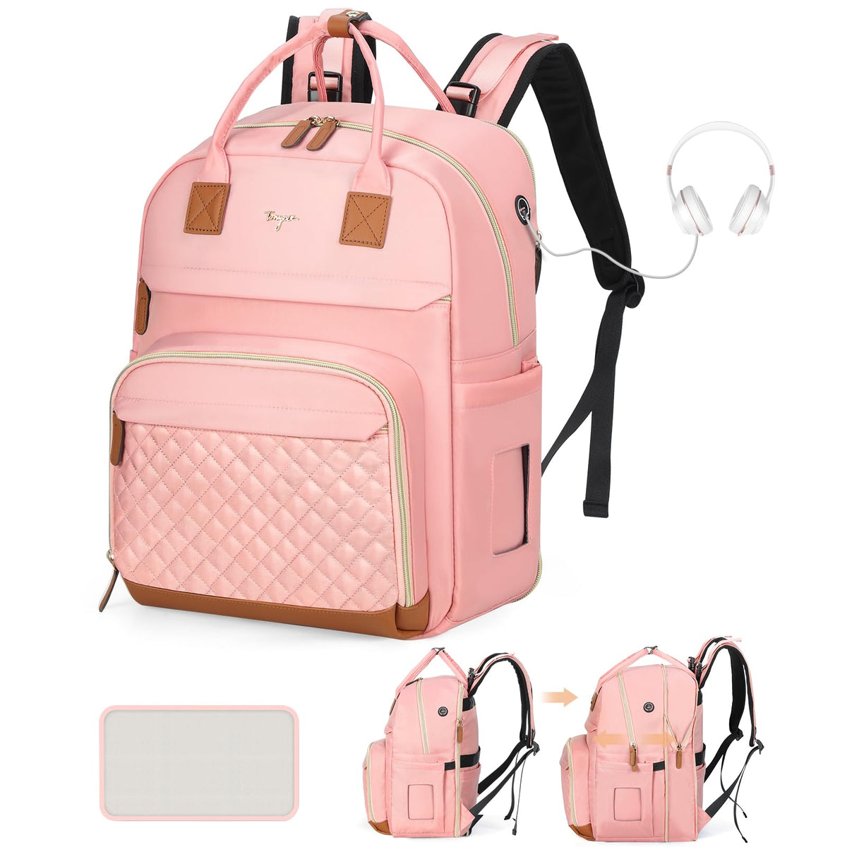 Tonyeee diaper bag backpack solid pink front view highlights roomy compartments for busy parents.