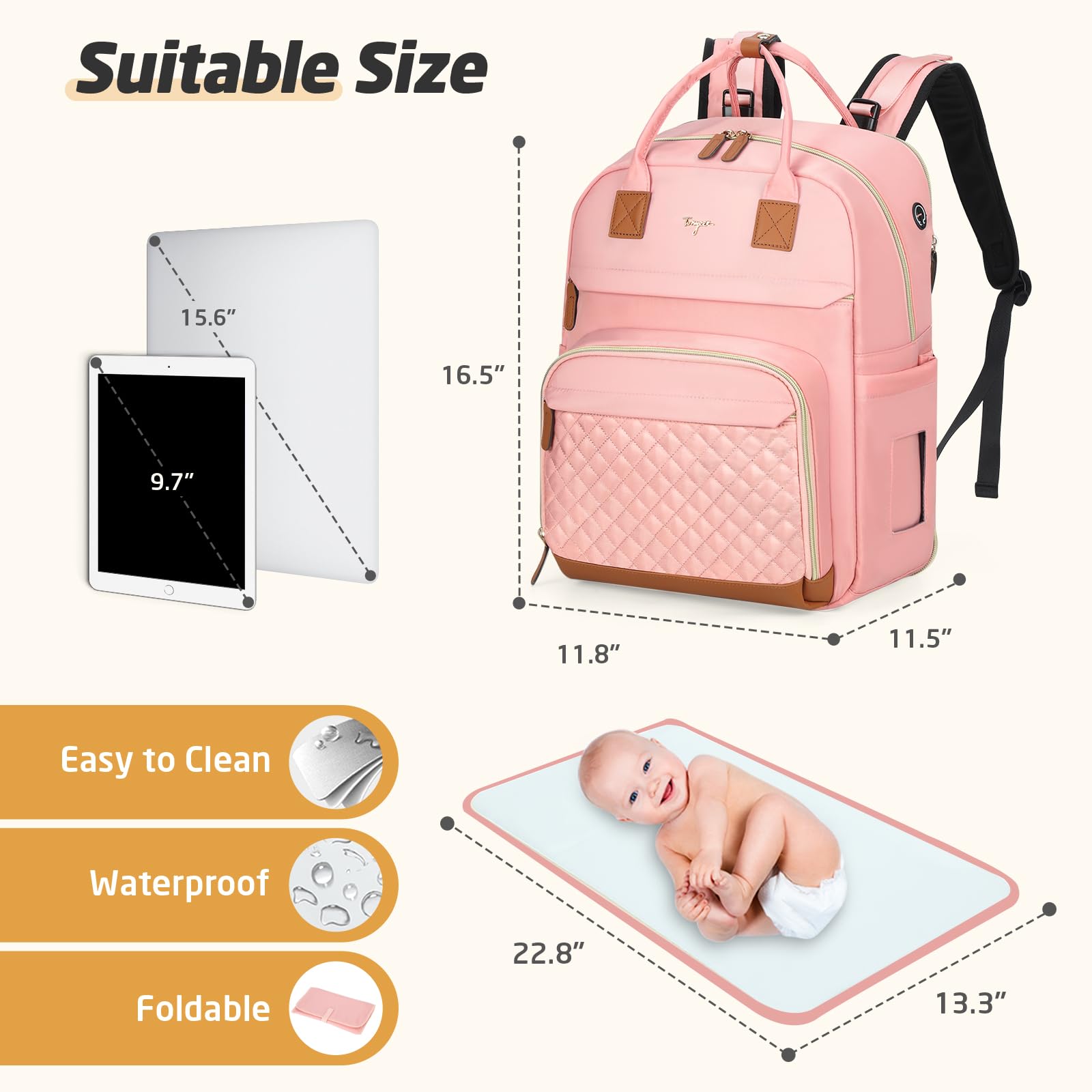 Tonyeee diaper bag backpack solid pink stroller attachment enables easy travel.