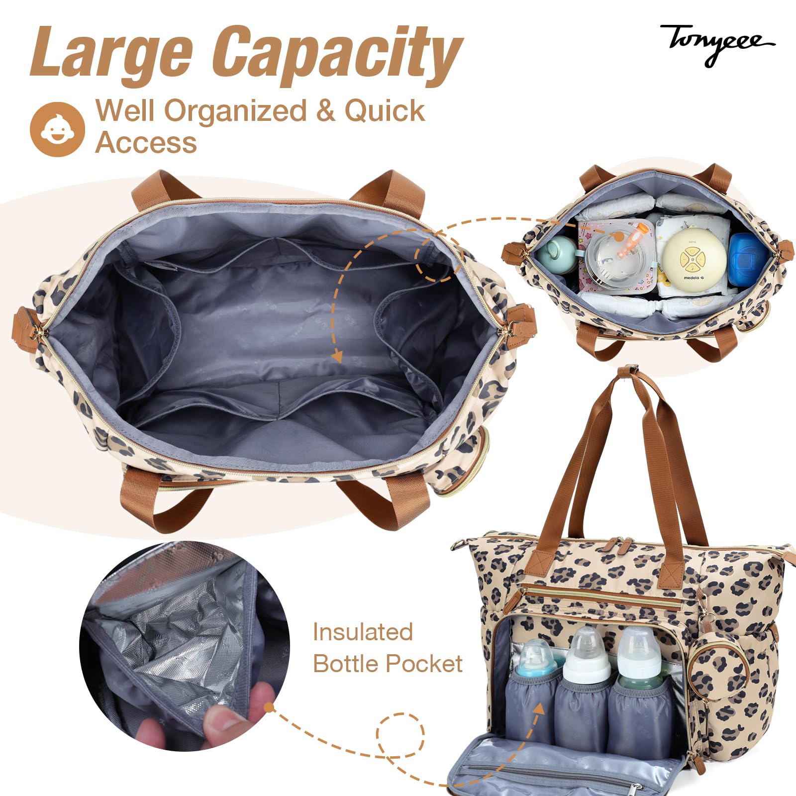 Tonyeee diaper bag tote 16-pocket interior keeps essentials neatly organized.