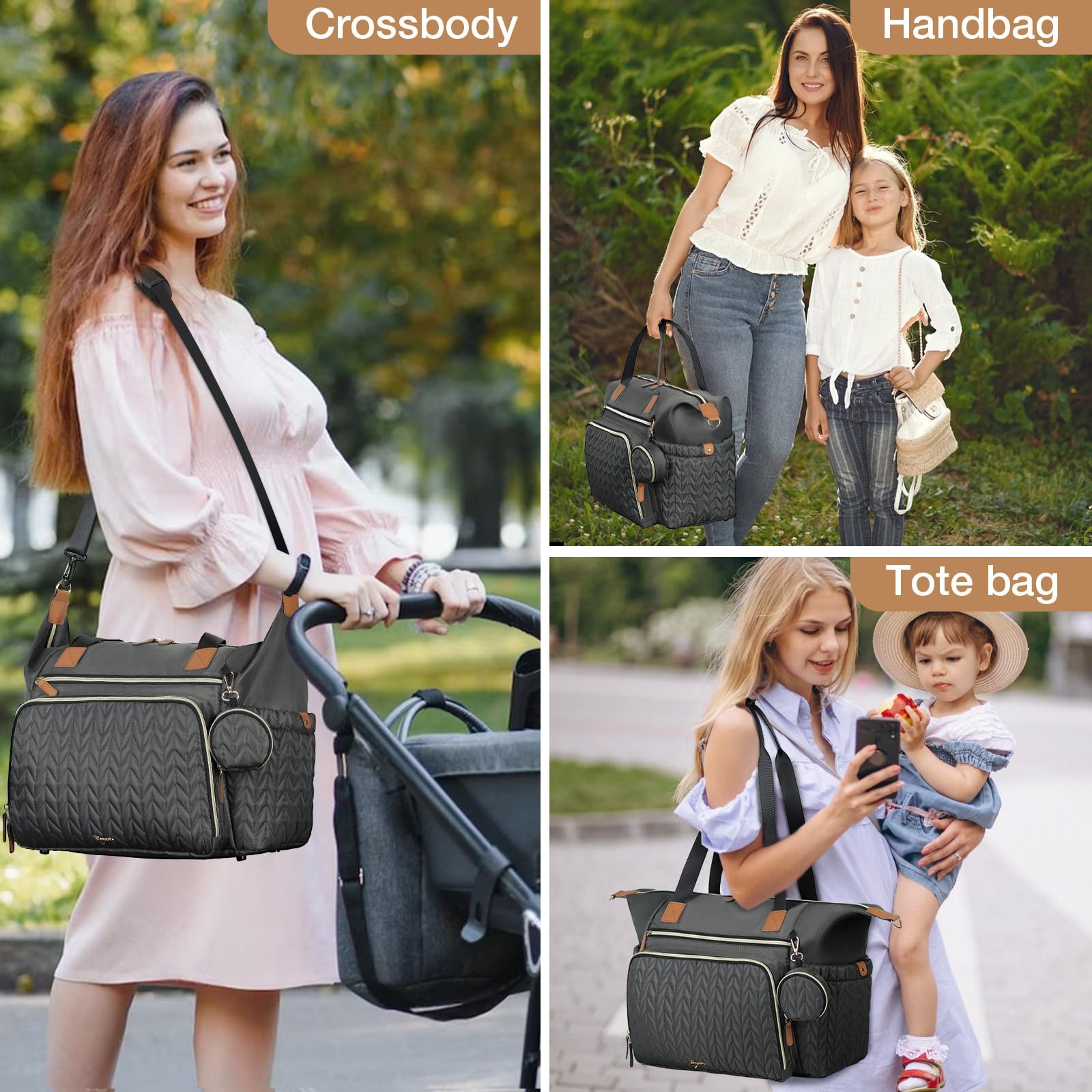 Tonyeee diaper bag tote shows 3D herringbone nylon quilting for durability and easy cleaning