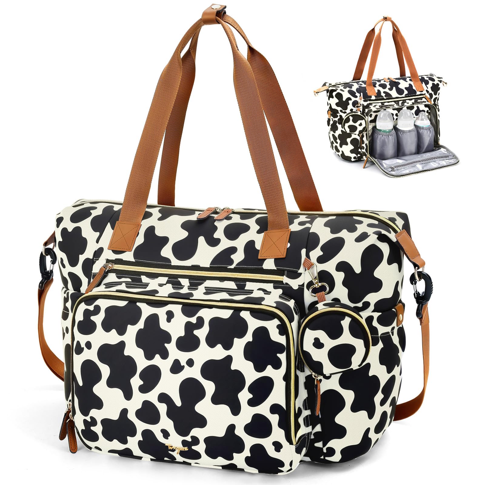 Tonyeee Diaper Bag Tote cow print front view highlights organized travel storage.