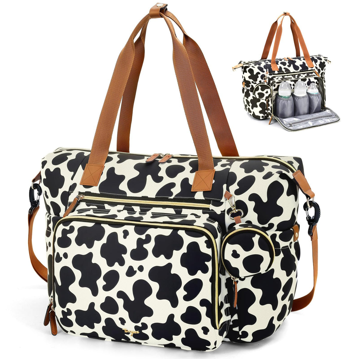 Tonyeee Diaper Bag Tote cow print front view highlights organized travel storage.