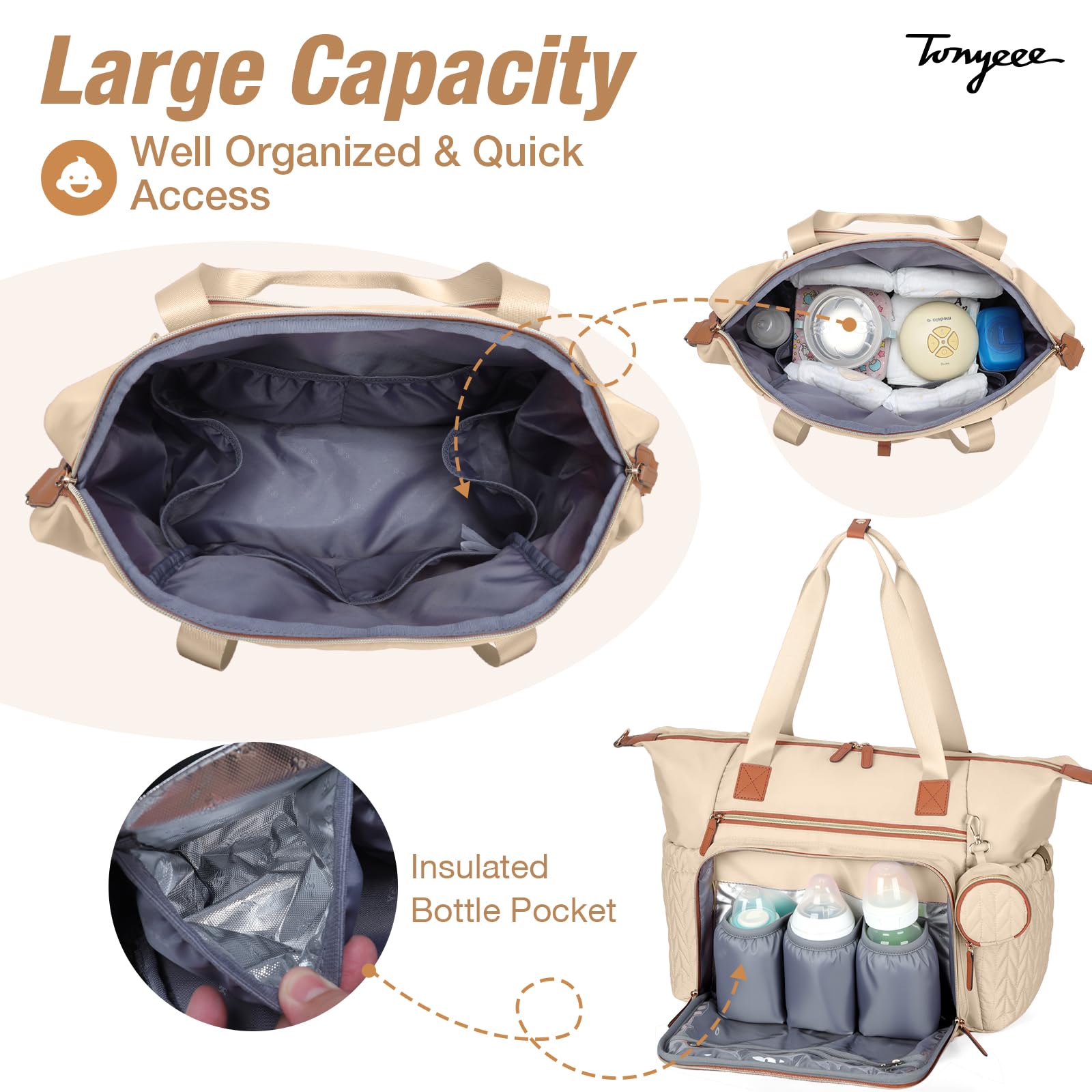 Tonyeee diaper bag tote large capacity with multiple pockets for organized essentials.