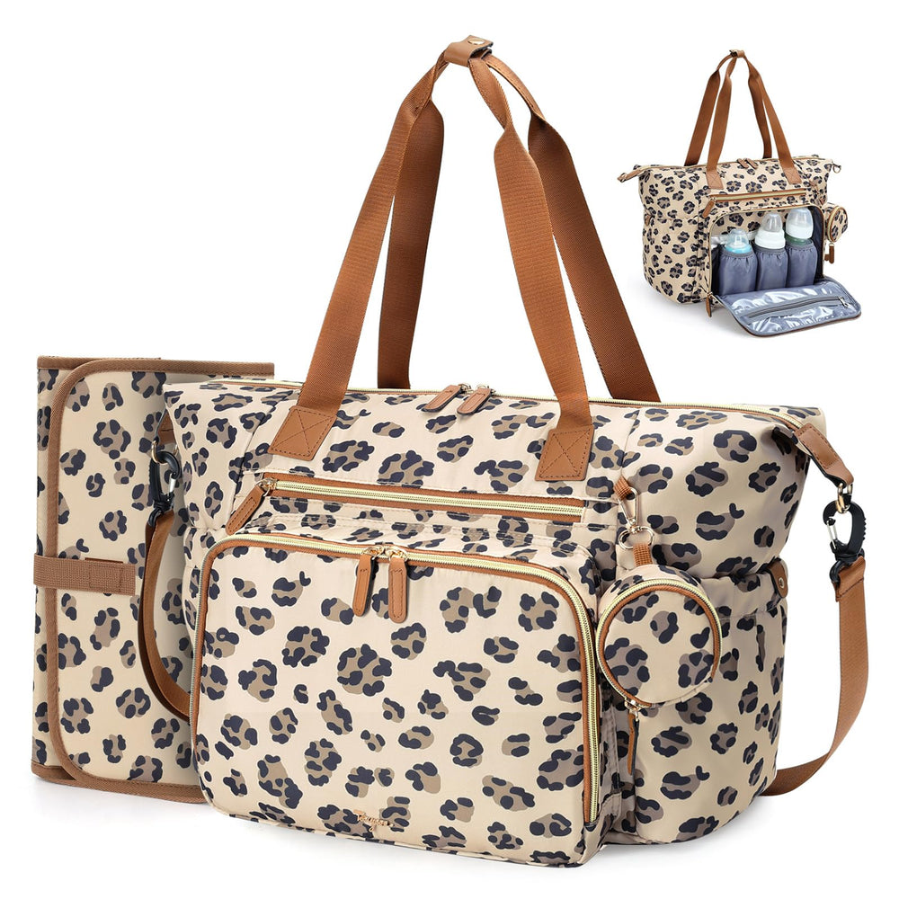 Tonyeee diaper bag tote leopard-print exterior with travel-ready style for busy parents.