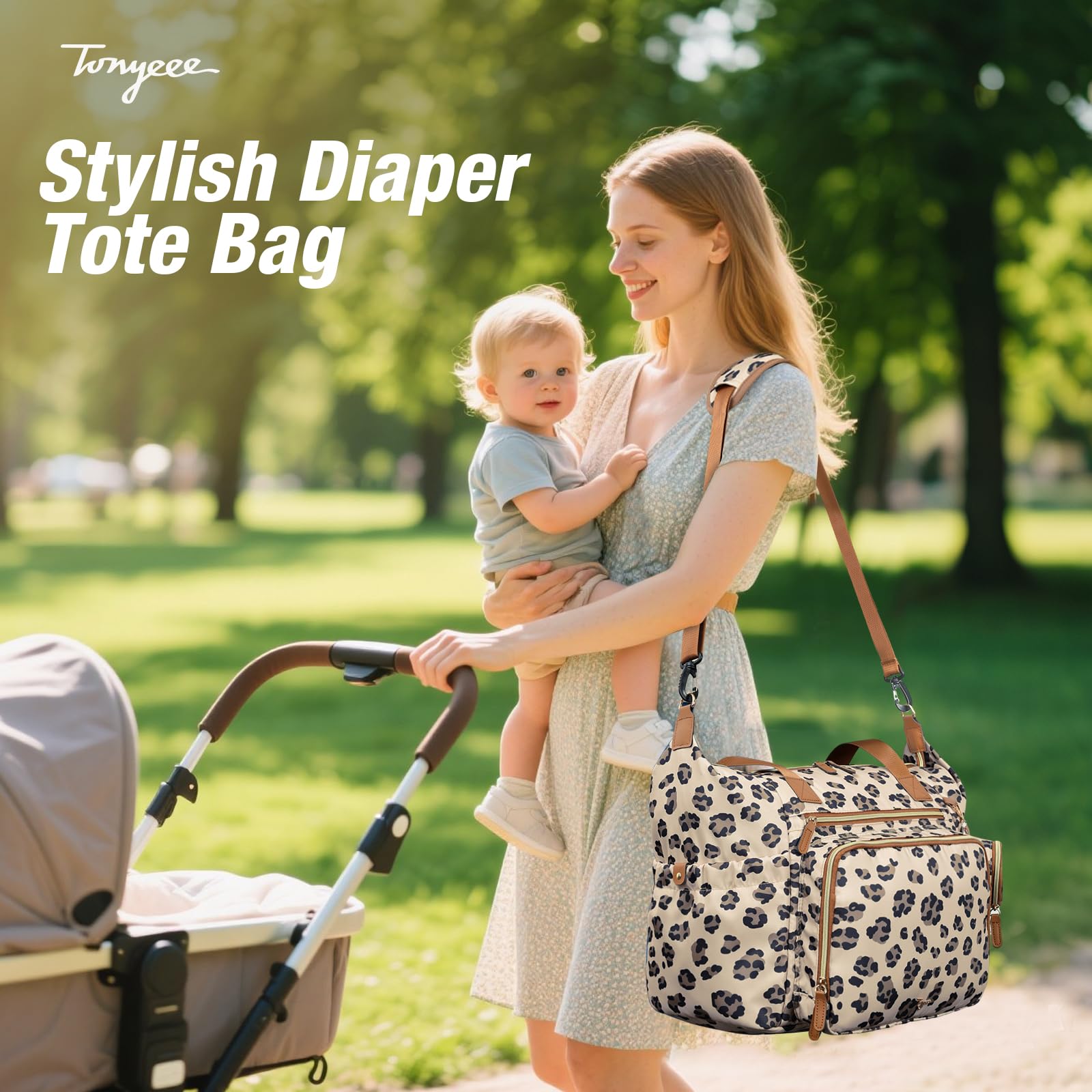 Tonyeee diaper bag tote luggage sleeve design simplifies airport transfers.