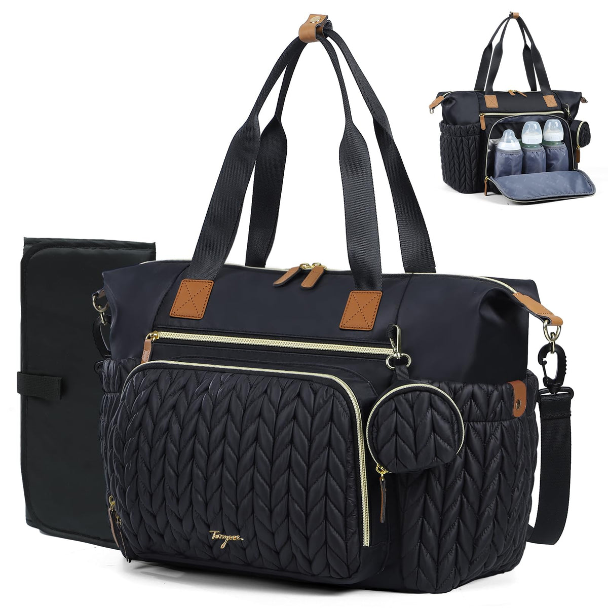 Tonyeee diaper bag tote shows quilted materials for stylish, durable baby storage on the go.