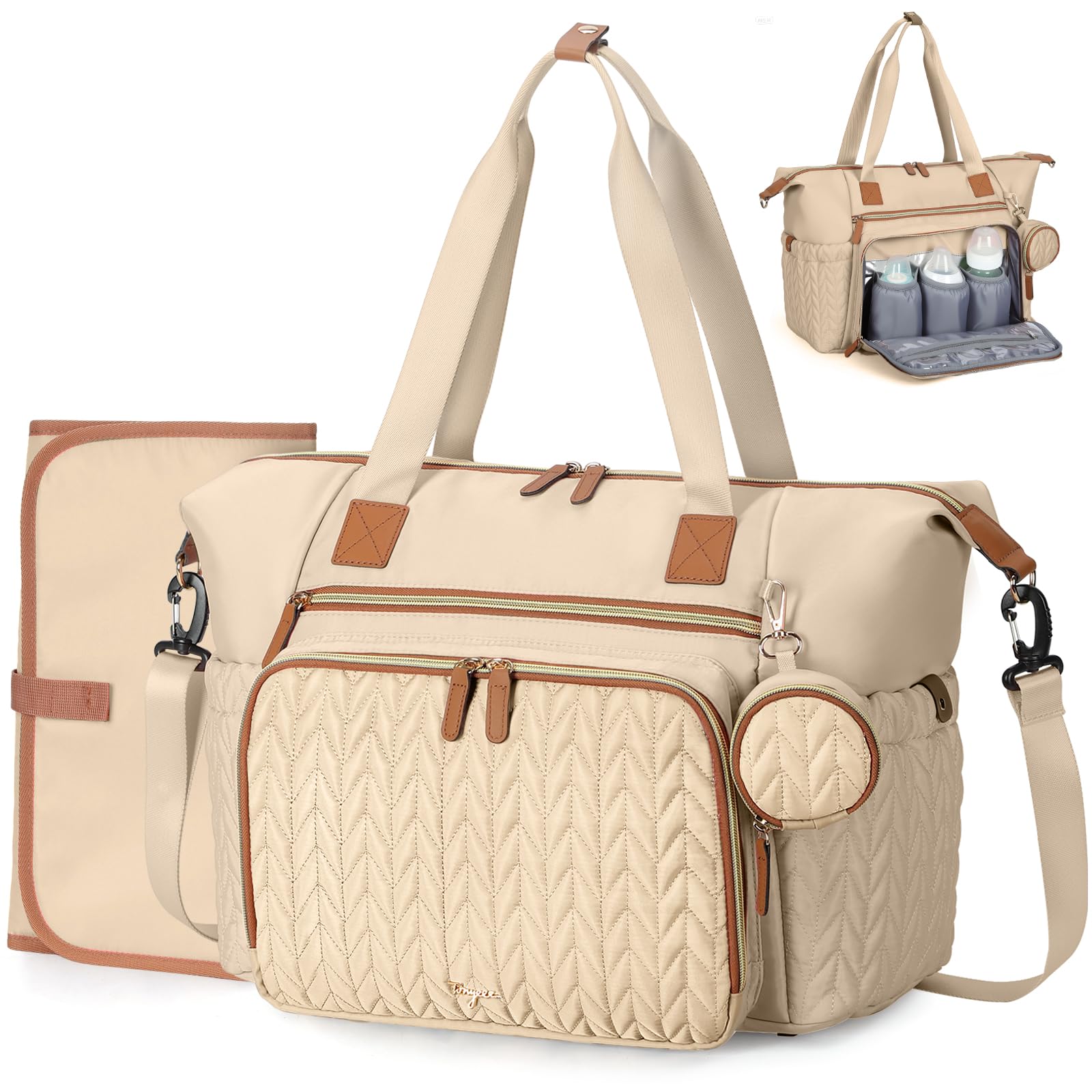 Tonyeee diaper bag tote showcases 3D herringbone quilting for stylish everyday use.