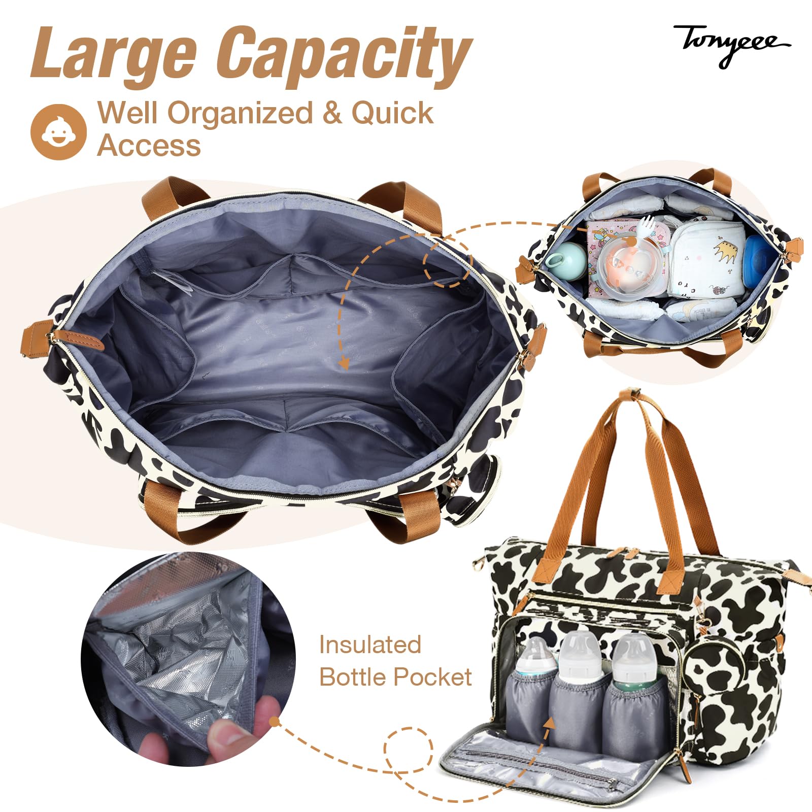Tonyeee Diaper Bag Tote side pocket organization enables quick-access essentials.