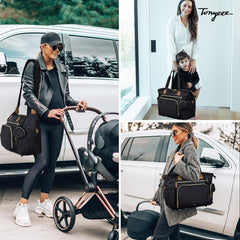 Tonyeee diaper bag tote with studded feet stays clean by lifting off the ground.