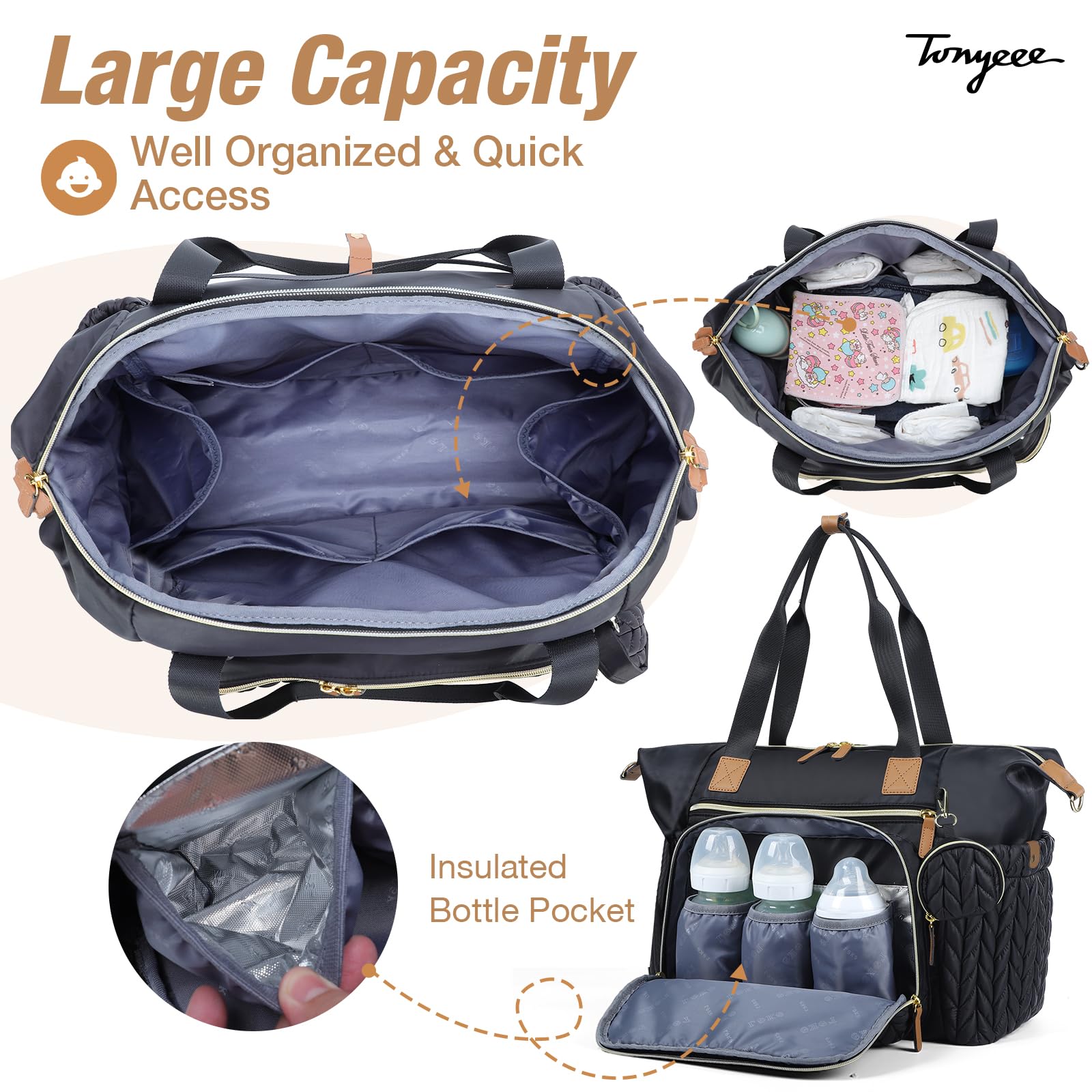 Tonyeee diaper bag tote demonstrates large capacity with 16 pockets for organized baby gear.