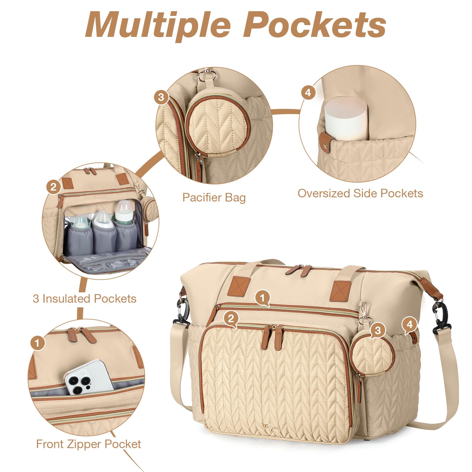 Tonyeee diaper bag tote three thermal bottle compartments for on-the-go feeding.