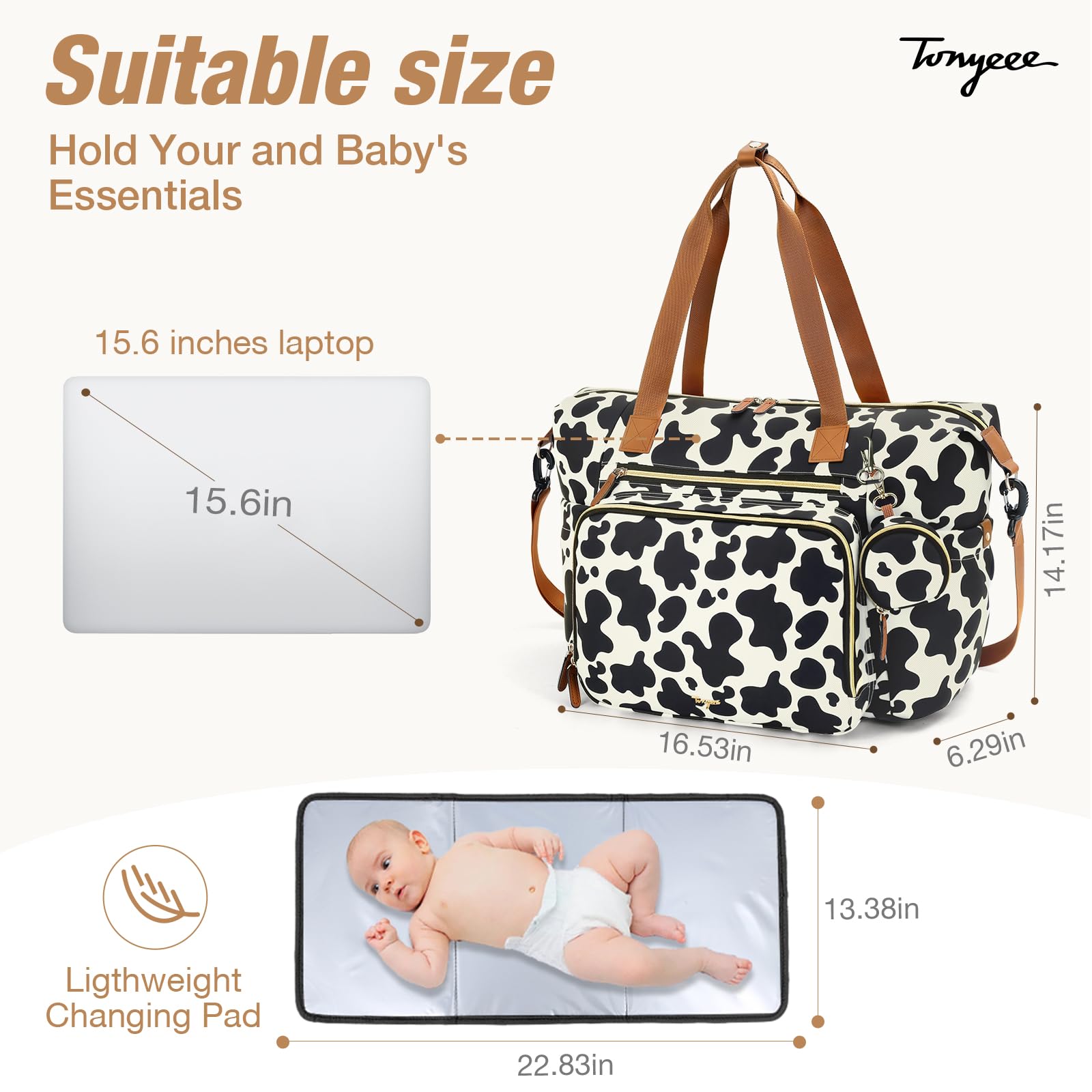 Tonyeee Diaper Bag Tote wet wipes pocket enables fast cleanups.