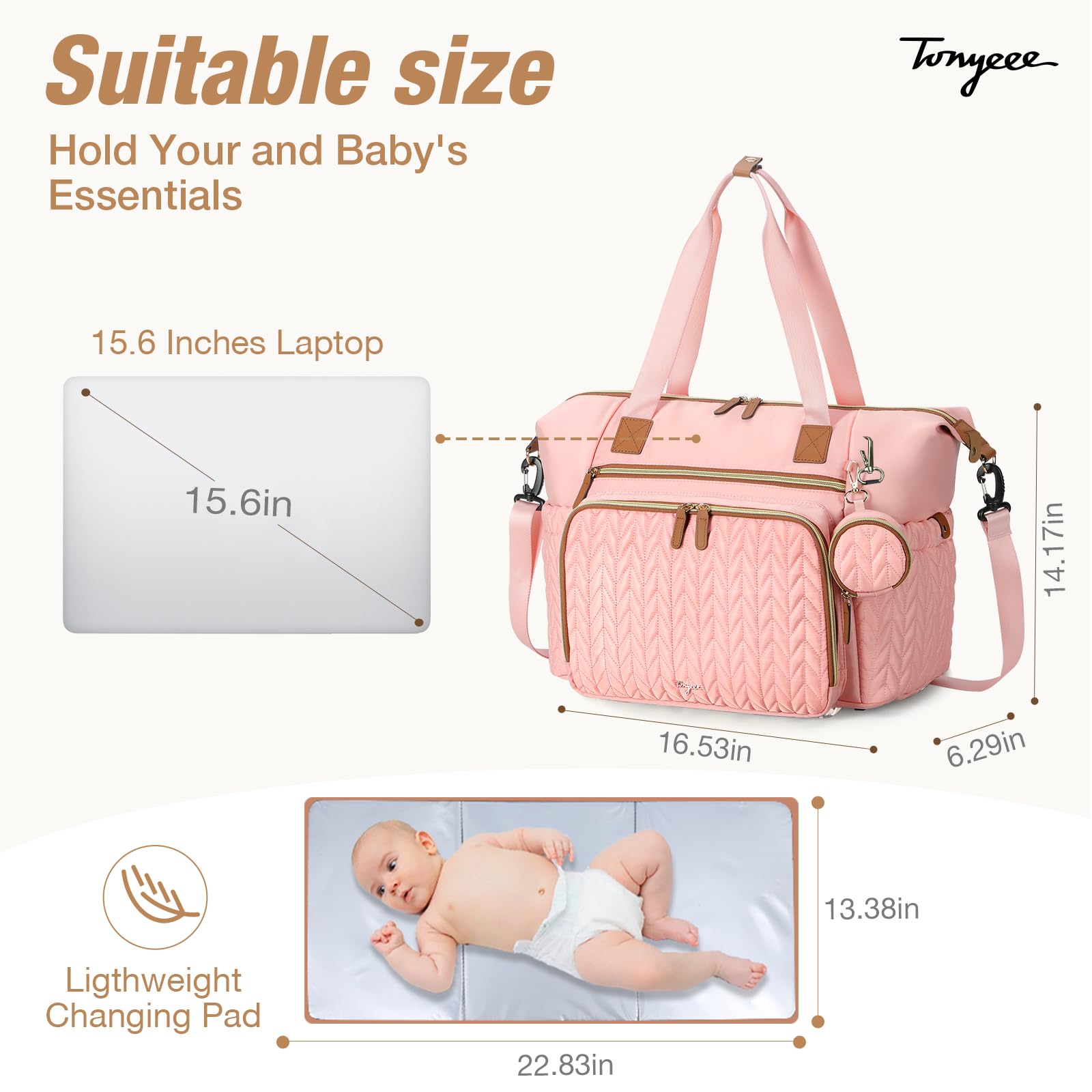 Tonyeee diaper bag tote wet-wipes pocket keeps wipes within reach.