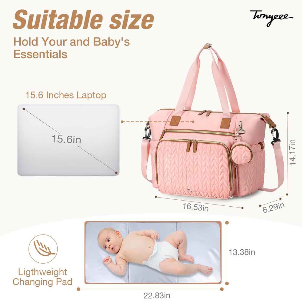 Tonyeee diaper bag tote wet-wipes pocket keeps wipes within reach.