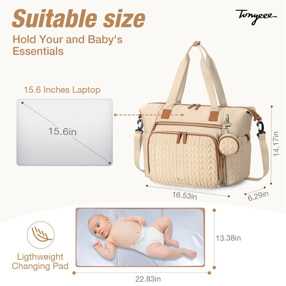 Tonyeee diaper bag tote easy access wet wipes pocket for quick diaper changes.