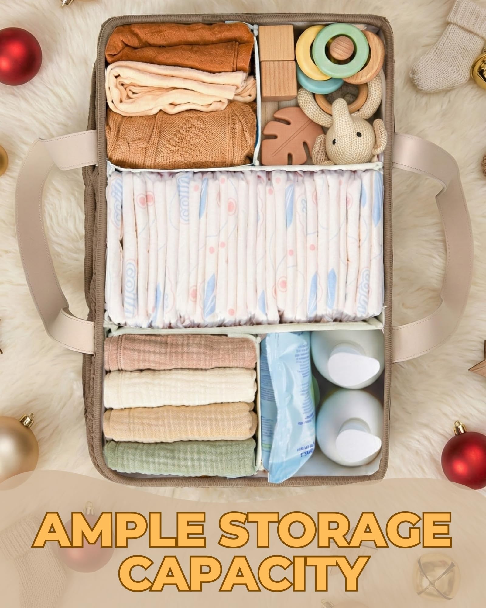 Toodly Baby Diaper Caddy sits on a changing table for easy reach during changes