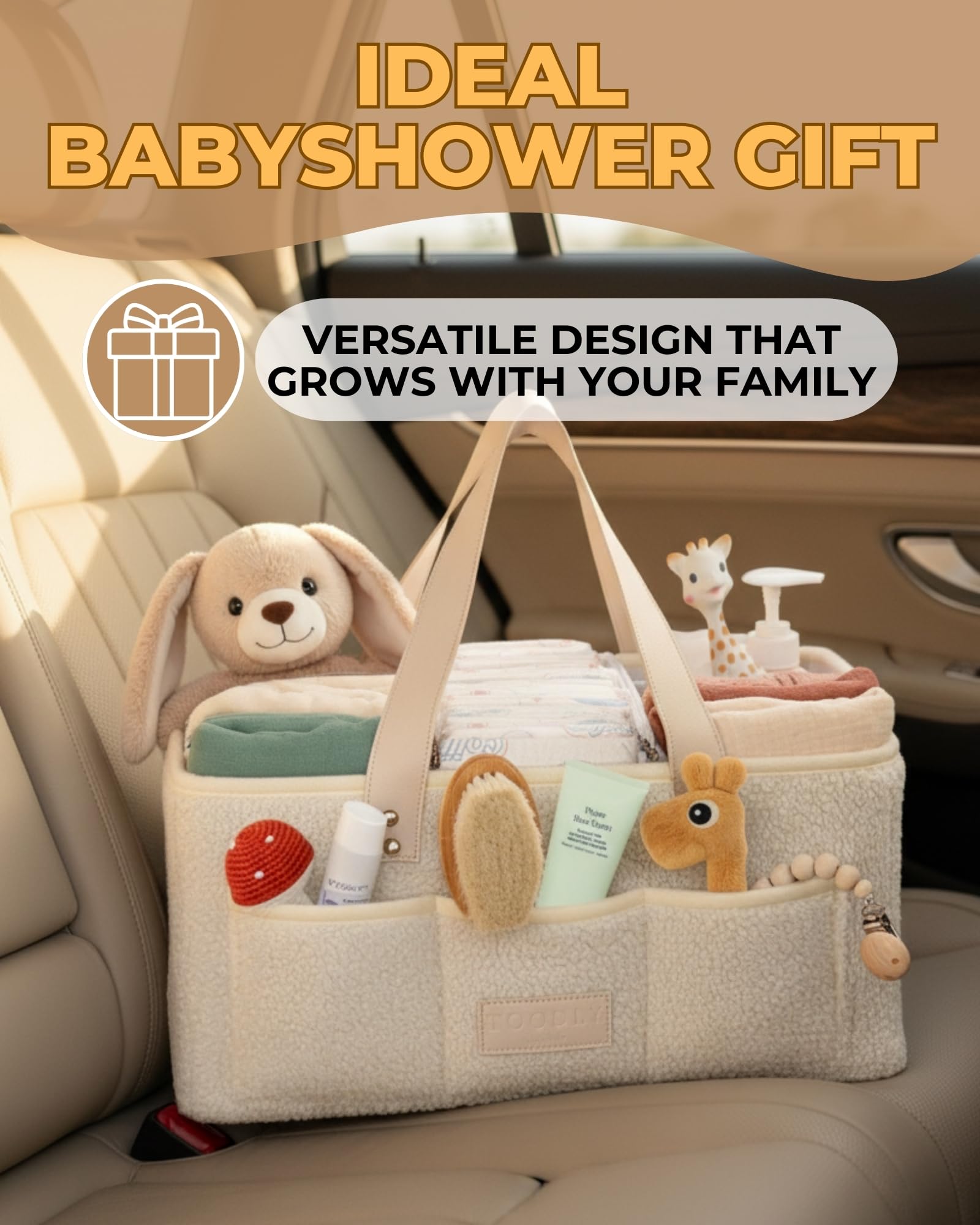 Toodly Baby Diaper Caddy Organizer helps organize toys and books as child grows