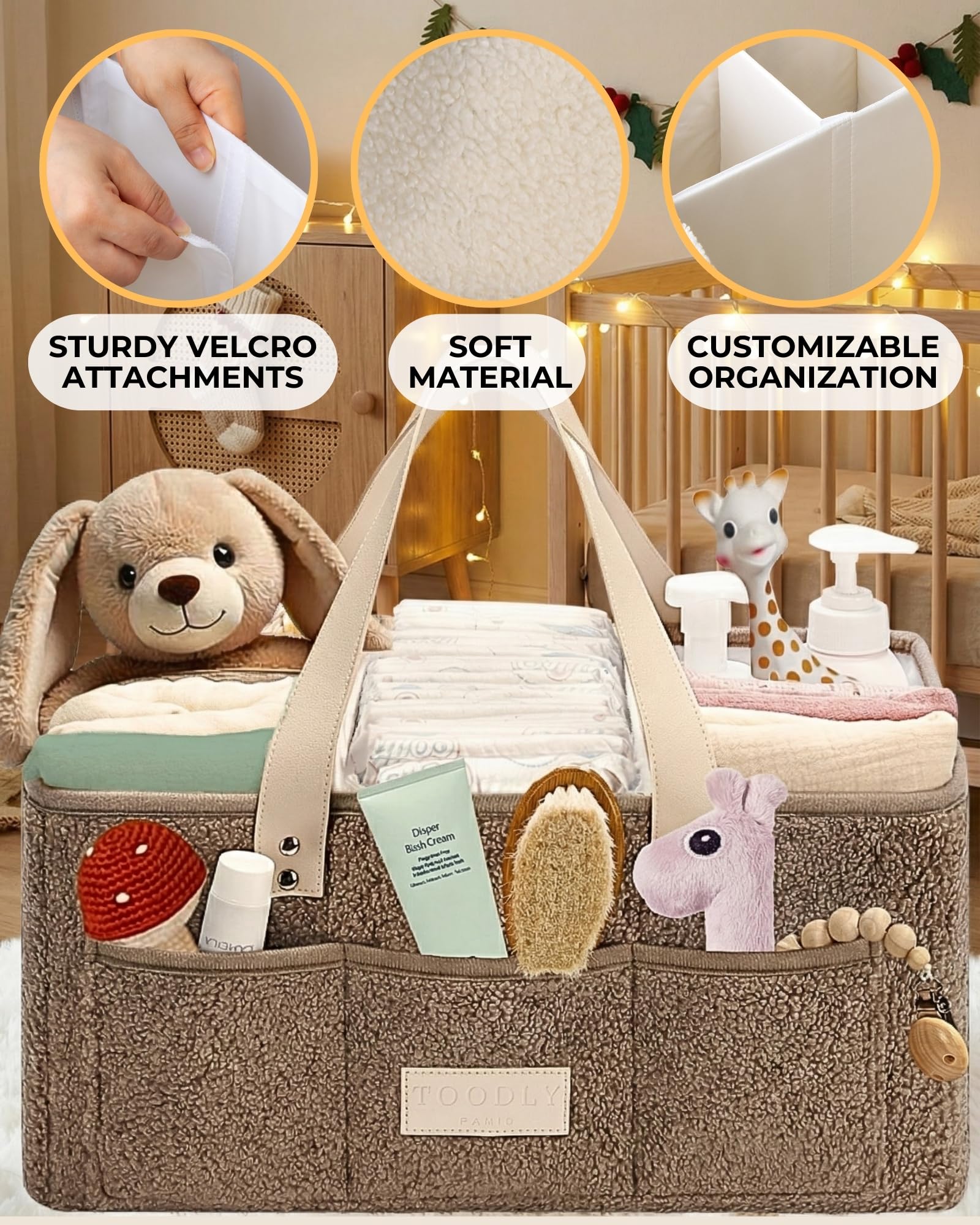 Toodly Baby Diaper Caddy outer pocket stores small essentials for quick access