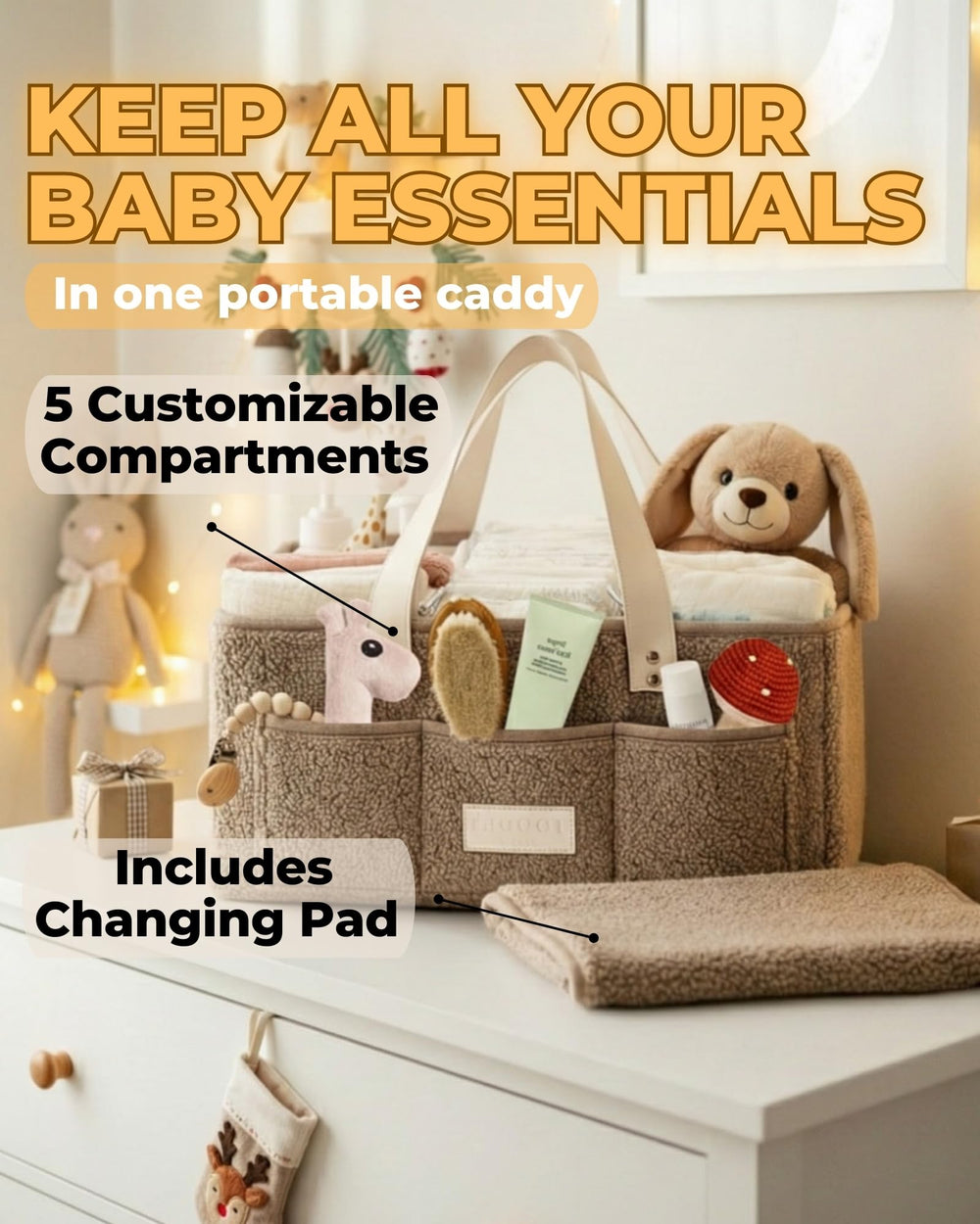 Toodly Baby Diaper Caddy in soft teddy fleece for cozy nursery storage