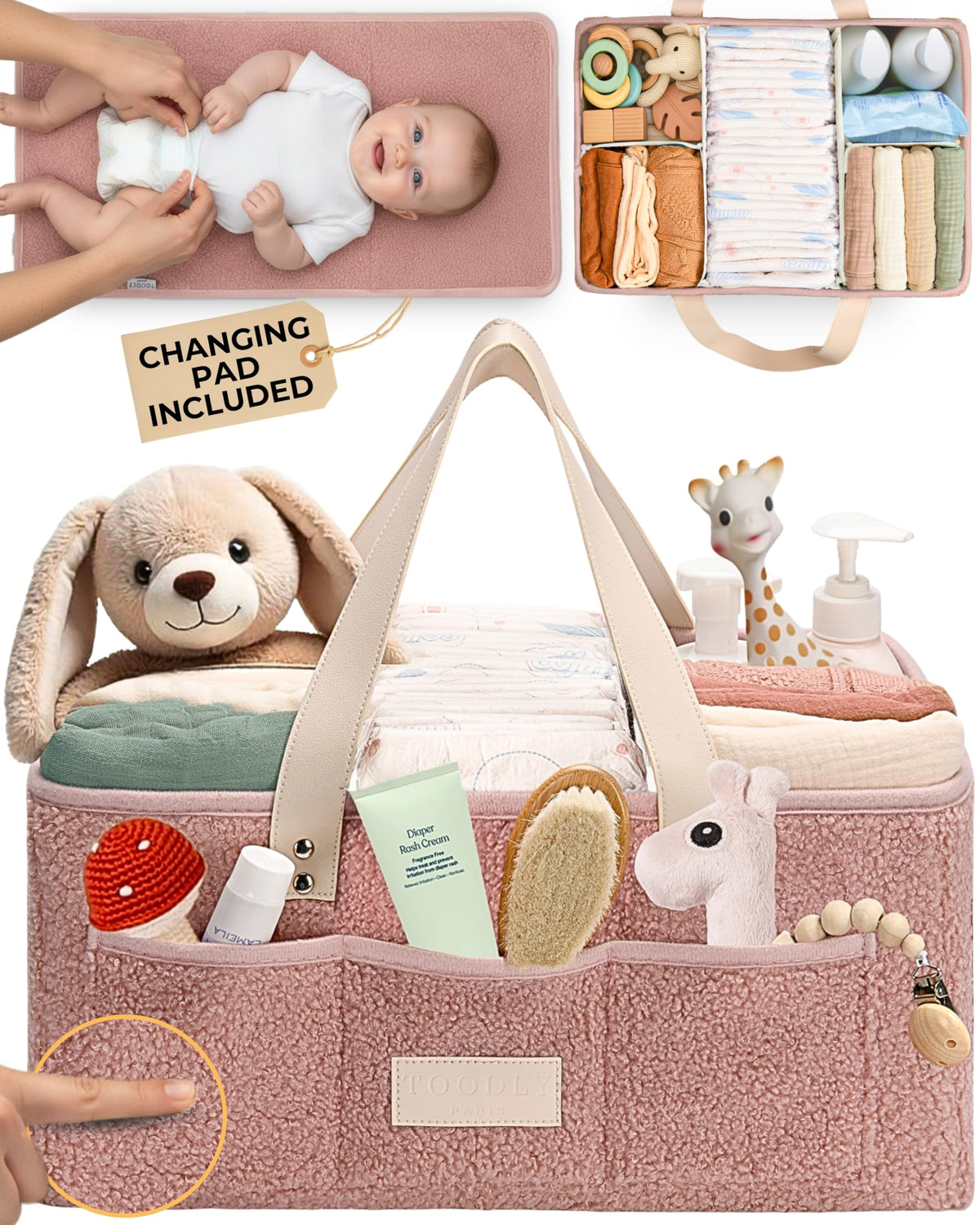 Toodly baby diaper caddy with changing pad for easy on-the-go changes.