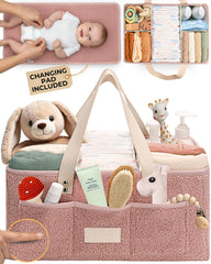 Toodly baby diaper caddy with changing pad for easy on-the-go changes.