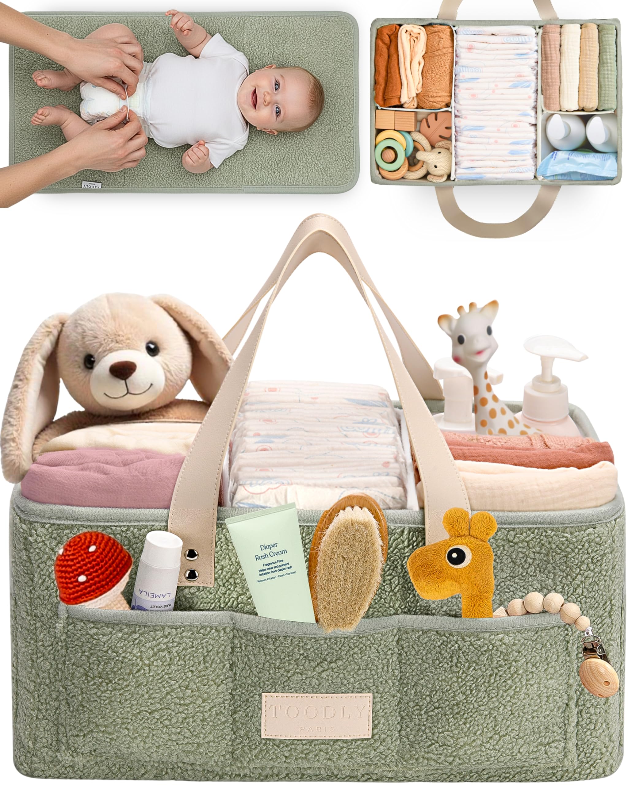 Toodly diaper caddy organizer with foldable-changing-pad for portable changes