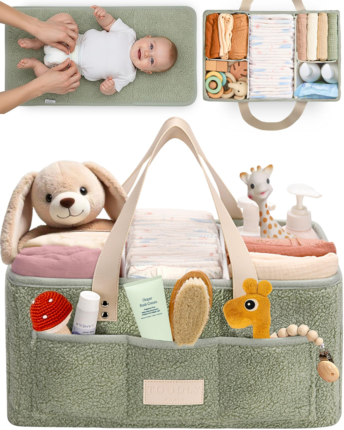 Toodly diaper caddy organizer with foldable-changing-pad for portable changes