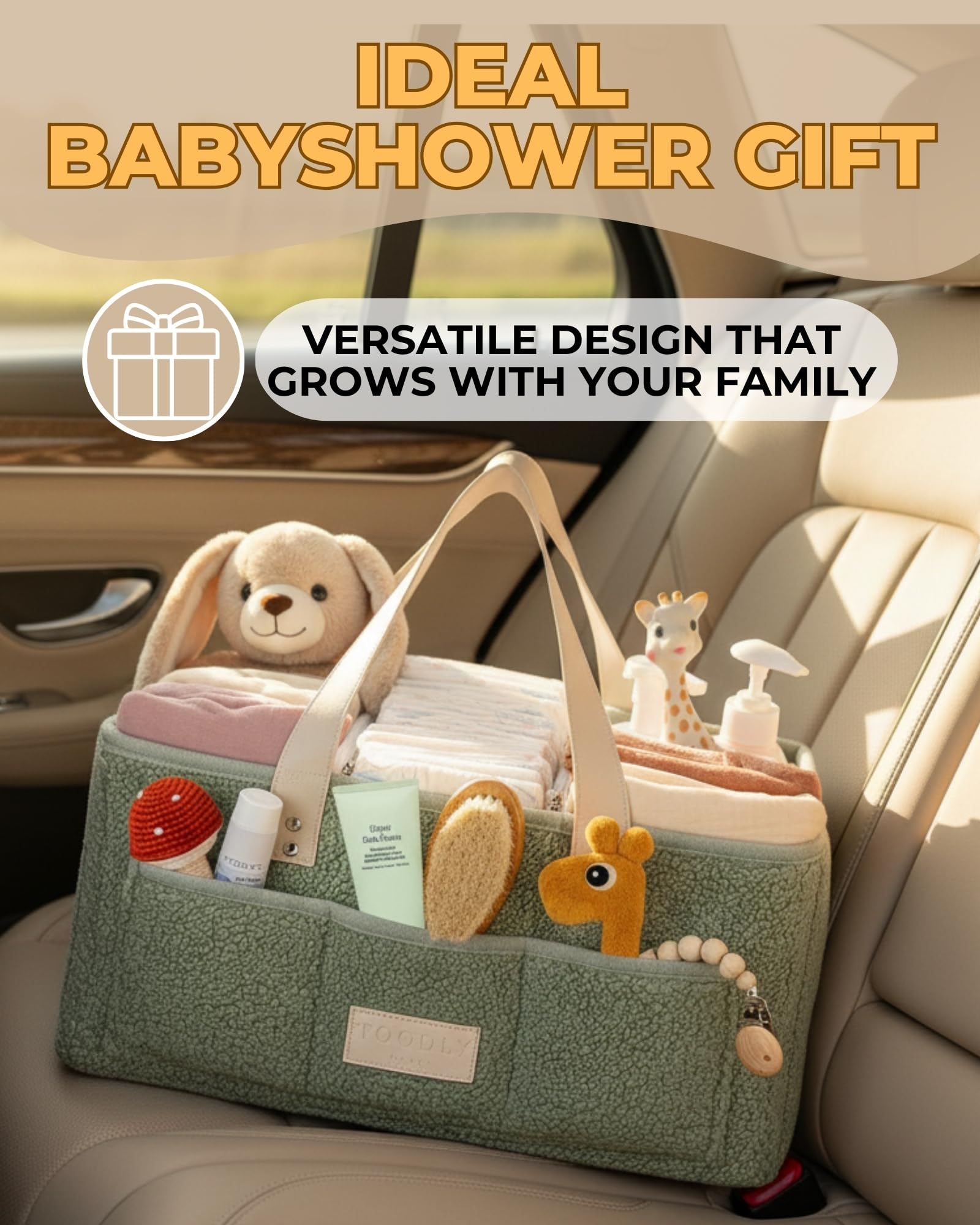 Toodly diaper caddy toy and book compartments for growing needs