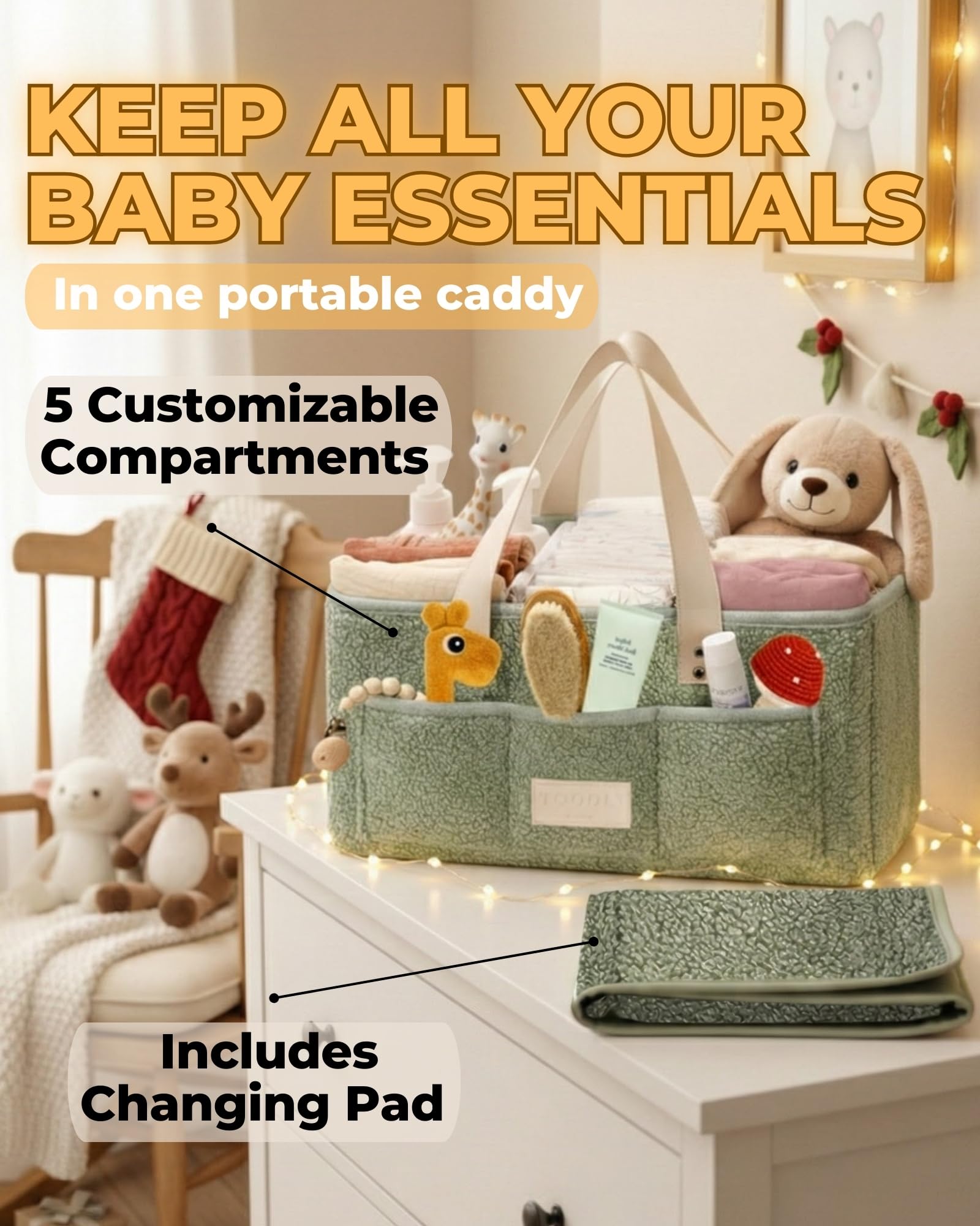 Toodly diaper caddy with waterproof changing pad for easy cleanups anywhere