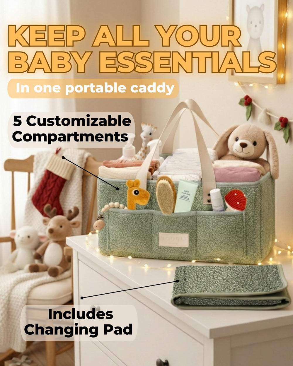 Toodly diaper caddy with waterproof changing pad for easy cleanups anywhere
