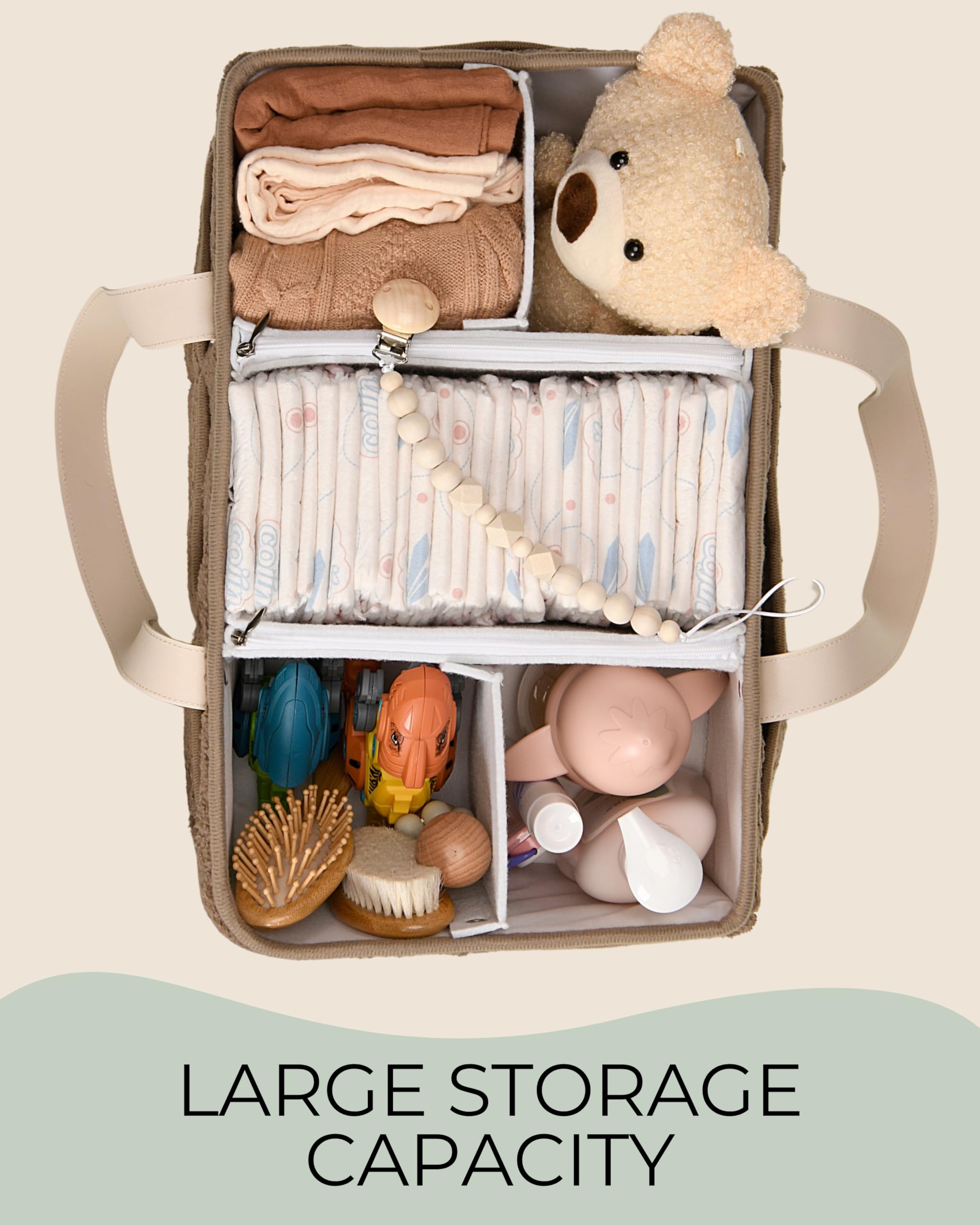 Toodly diaper storage fits diapers wipes and bottles in a spacious basket