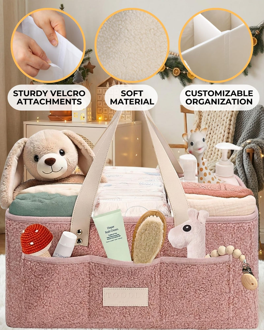 Toodly soft teddy material adds cozy nursery storage with a gentle touch.