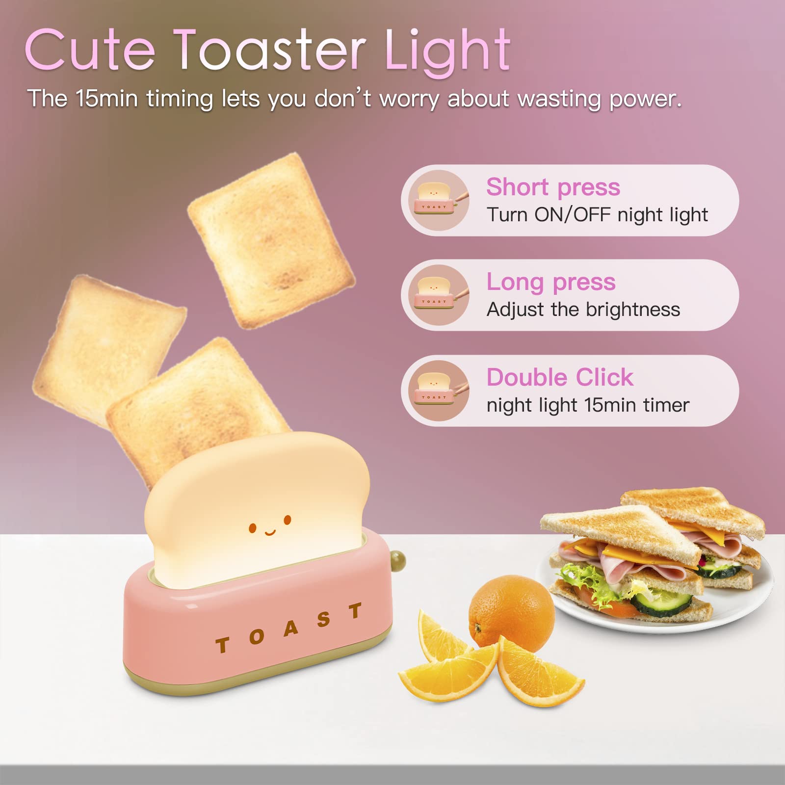 TOOGE Cute Toast Lamp on nightstand with gentle adjustable brightness for late-night reading