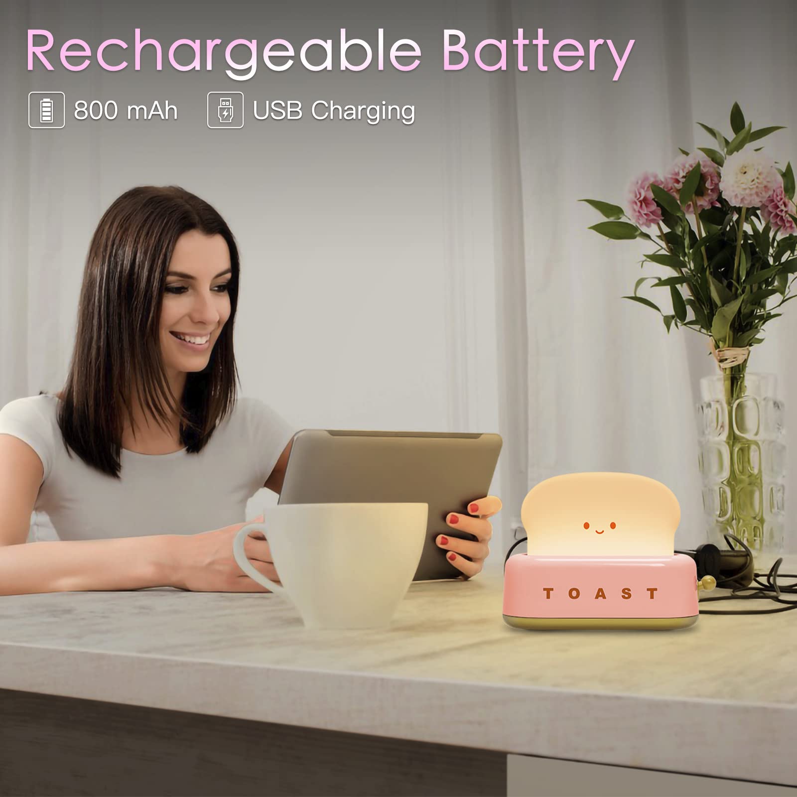 TOOGE Cute Toast Lamp USB-C charging enables portable use without constant plugging