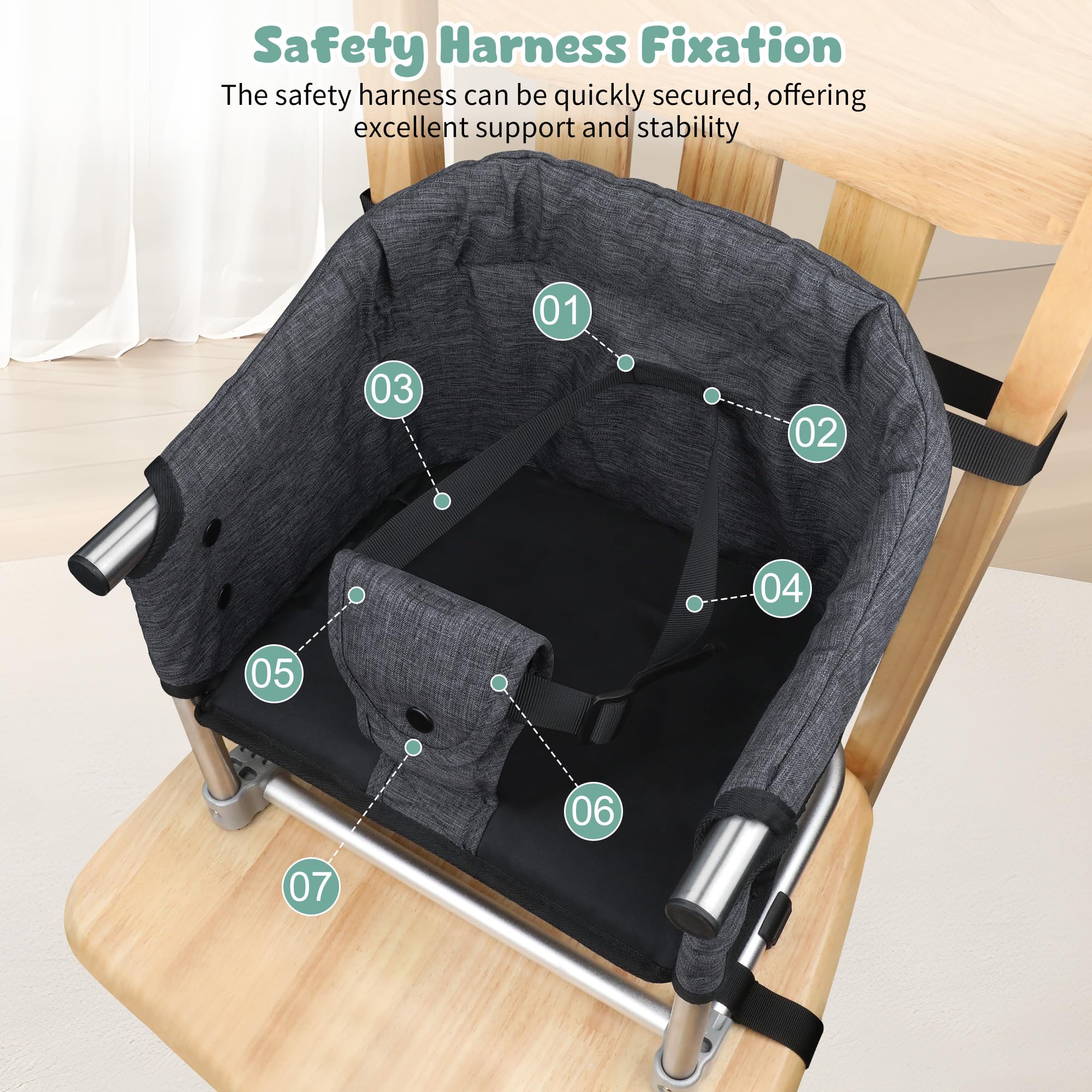 Toogel booster seat anti-slip base stabilizes meals.