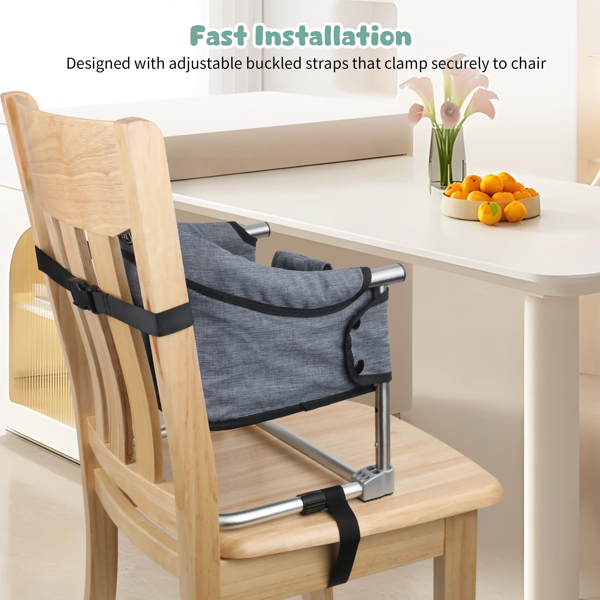 Toogel booster seat folds-and-go design for quick setup at home or travel.
