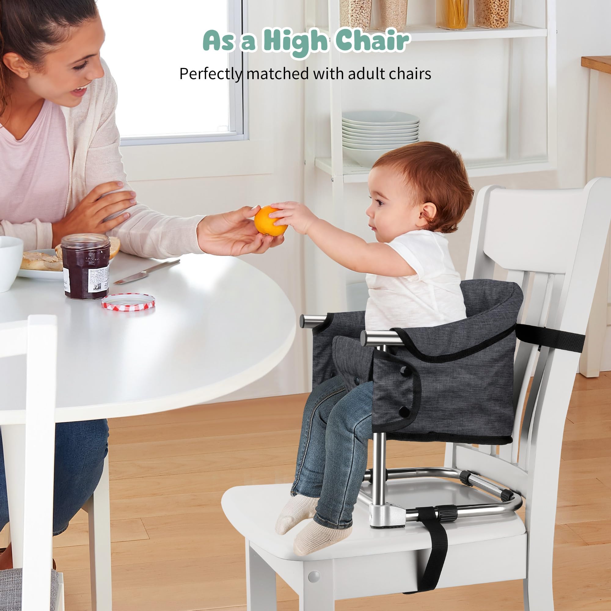 Toogel booster seat height-adjustable for level dining with caregivers.