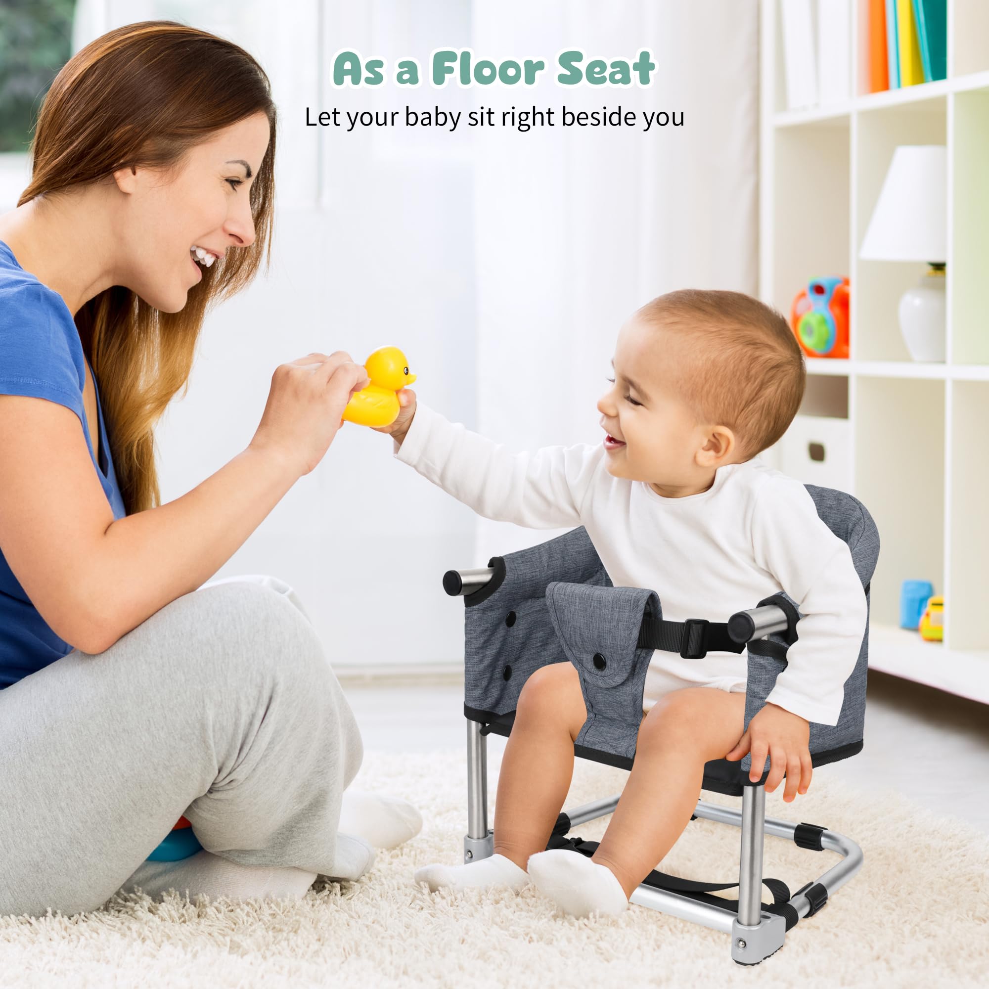 Toogel booster seat height adjustment for perfect table level.