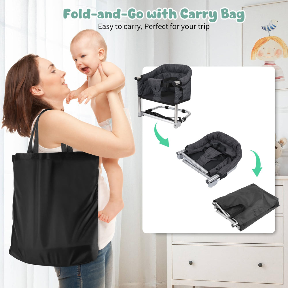 Toogel booster seat attached to an adult chair for convenient feeding.