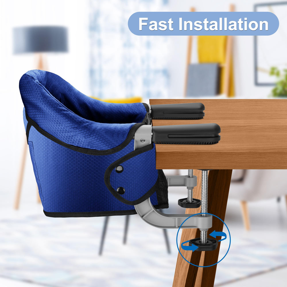Toogel clip-on table chair blue design demonstrates secure dining for babies on the go.