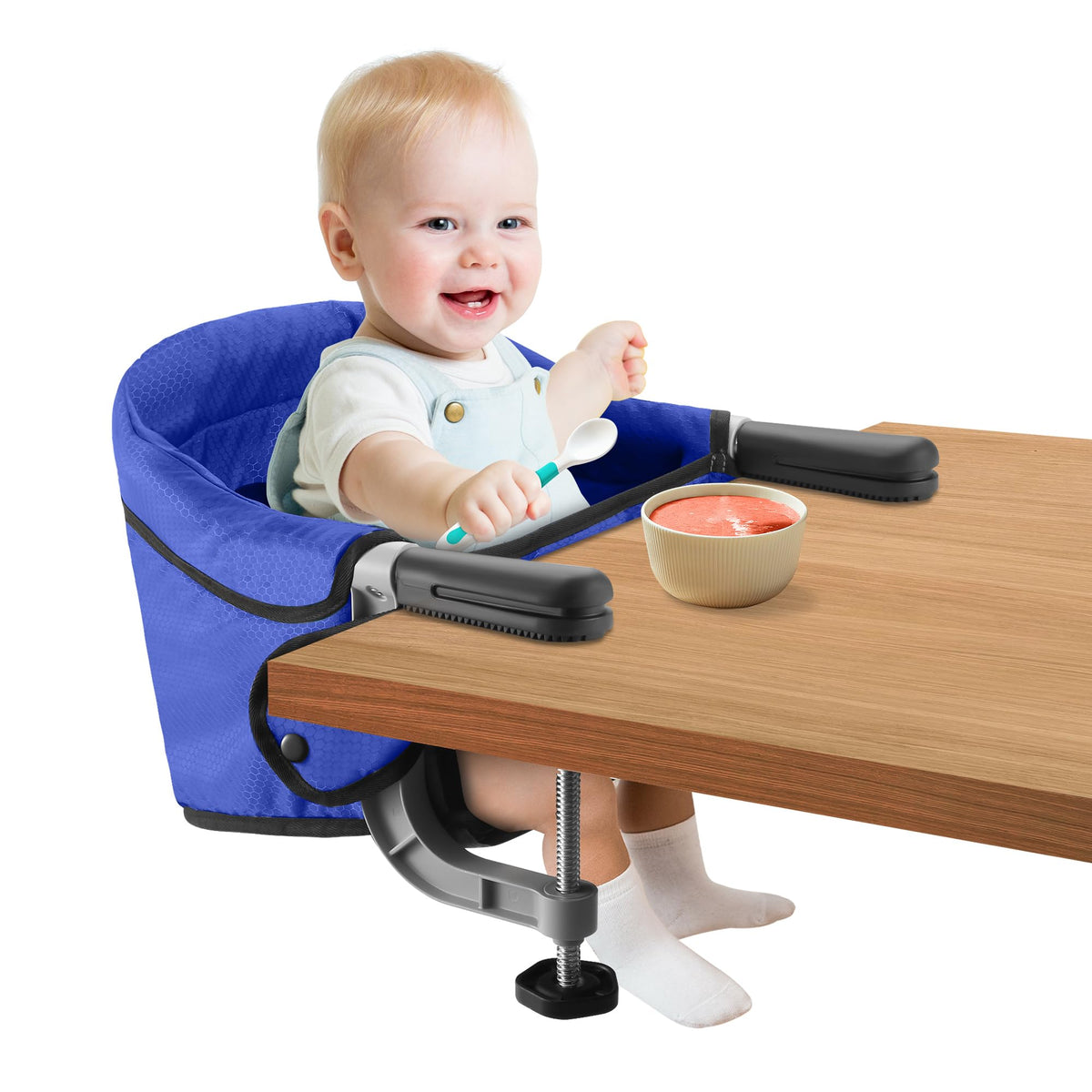 Toogel fast clip-on table chair hook installation demonstrates quick setup for travel feeding.