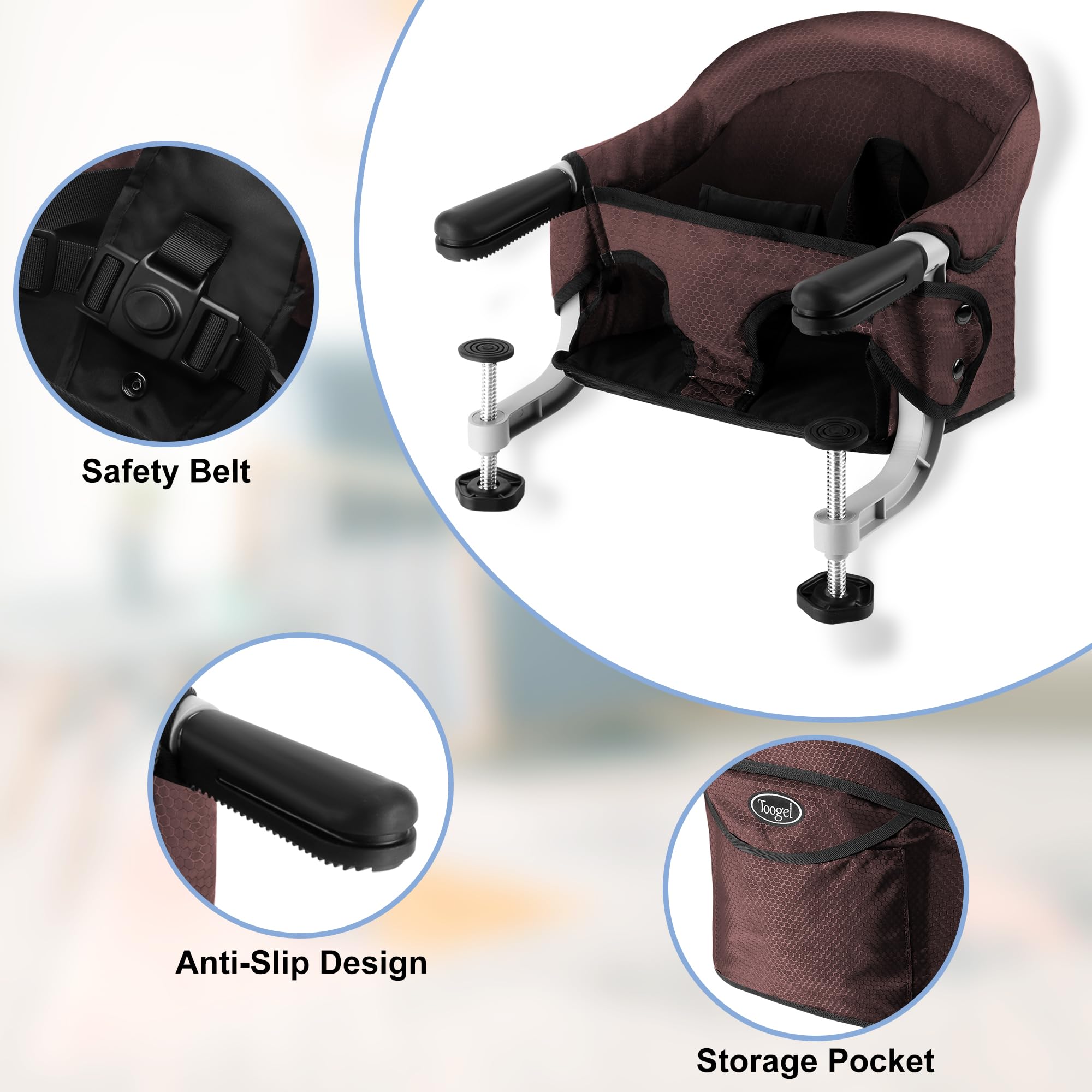 Toogel non-slip handrails protect table surfaces while securing the chair.